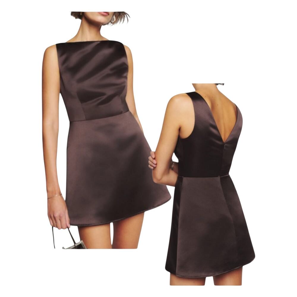 Reformation Zenni Sleeveless High Neck Satin Mini Dress in Chocolate Size 8 New